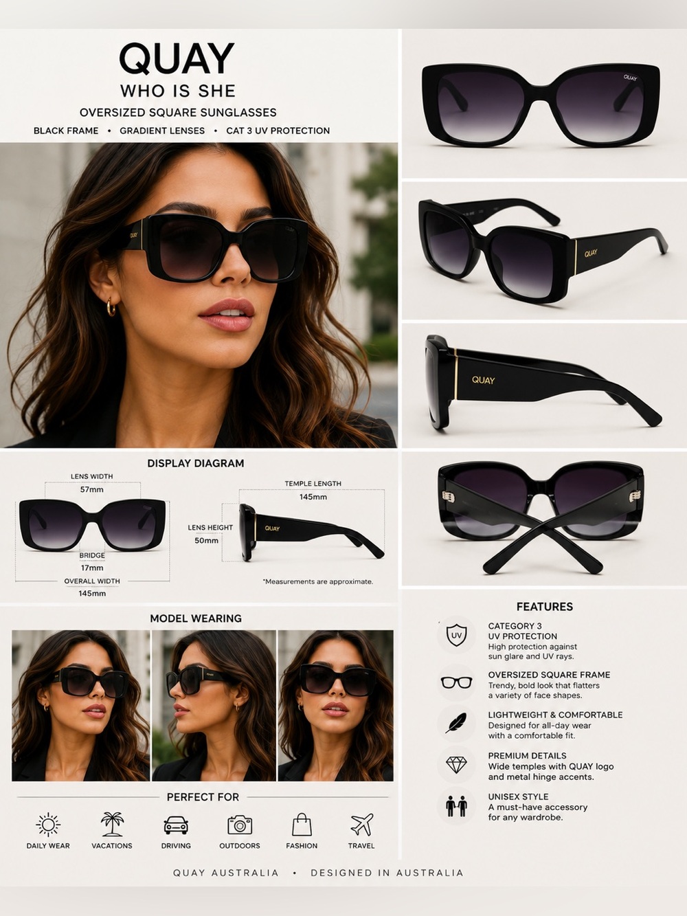 Quay Australia Who Is She Oversized Square Sunglasses Black Gradient CAT 3 UV